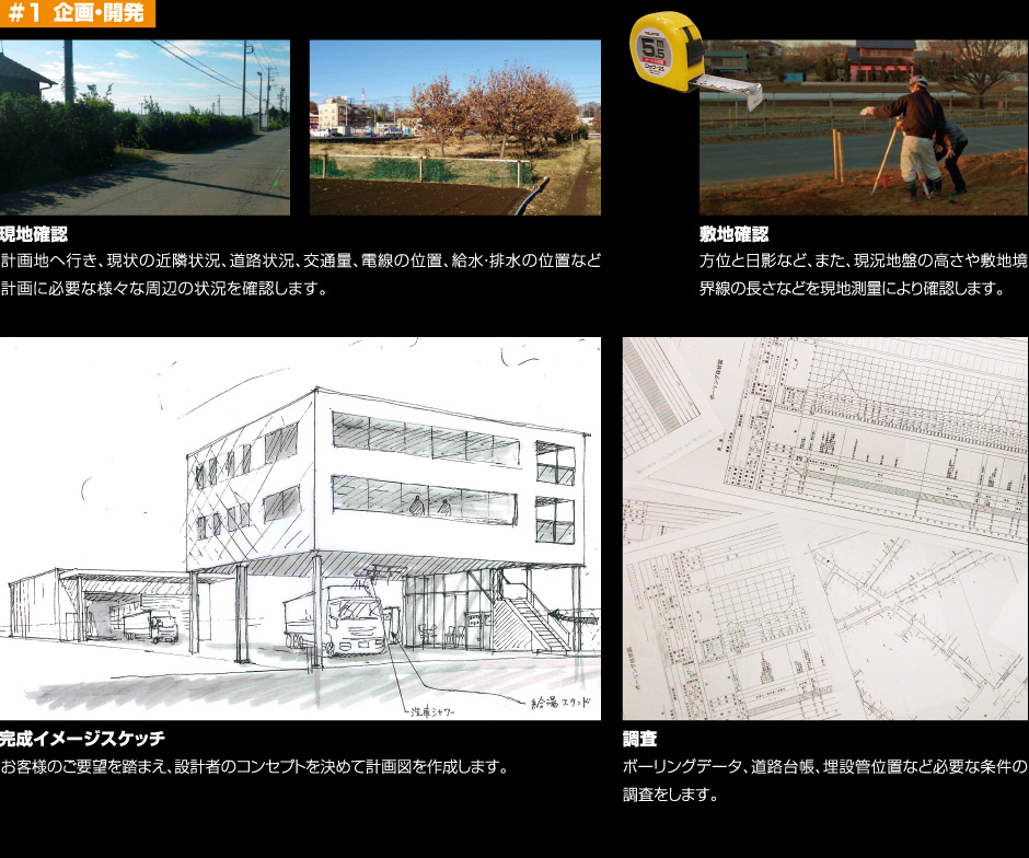 #1 企画・開発
現地確認
計画地へ行き、現状の近隣状況、道路状況、交通量、電線の位置、給水・排水の位置など計画に必要な様々な周辺の状況を確認します。
敷地確認
方位と日影など、また、現況地盤の高さや敷地境界線の長さなどを現地測量により確認します。
完成イメージスケッチ
客様のご要望を踏まえ、設計者のコンセプトを決めて計画図を作成します。
調査
ボーリングデータ、道路台帳、埋設管位置など必要な条件の調査をします。
お客様との打合せを重ね、ご提案を何度もしながら計画図の作成をしていきます。立面図だけでは表現できない部分は、パースや模型を作成しイメージを具体化していきます。
